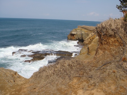 上の地層は柔らかいので波で浸食されていますが,下の方の地層はまだ残っています.